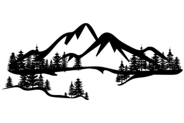 Silhouette of a Mountainous Landscape with Trees and a River