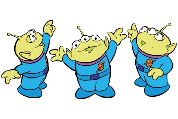 Three Aliens in Blue Uniforms, Pointing and Expressing Excitement