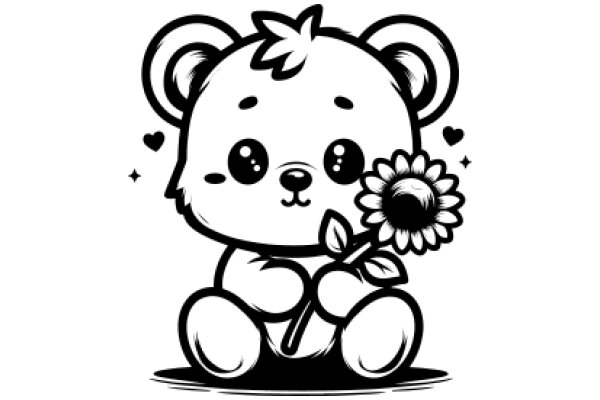 Adorable Cartoon Bear with a Sunflower