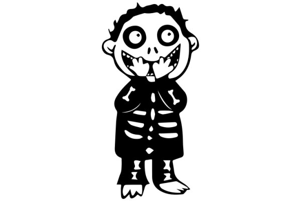 A Spooky Cartoon Character with a Wide-Eyed Expression and a Bone-Themed Outfit