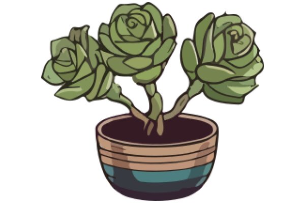 A Digital Illustration of a Potted Plant with Three Green Roses