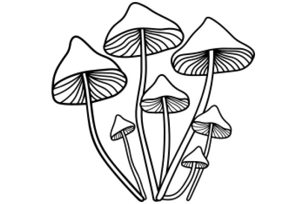 A Line Drawing of Four Mushrooms with Stems and Roots