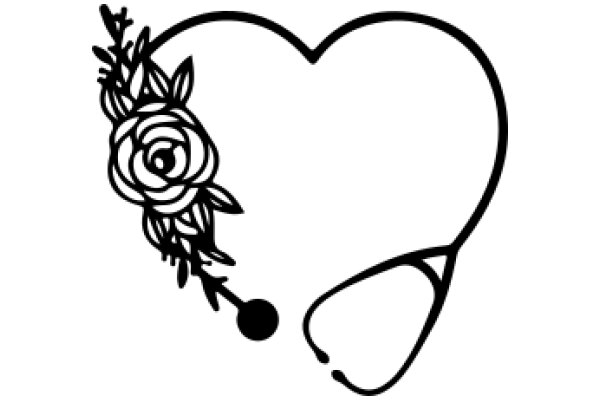 Stylized Rose with a Heart-Shaped Stem and Leaves, Accompanied by a Cane