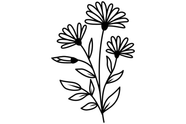 Simplistic Line Drawing of Daisies and Leaves