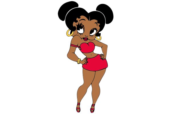 Stylish Animation: A Chic Cartoon Character in a Red Dress and Gold Earrings