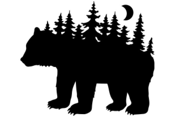 Silhouette of a Bear and Pine Trees with a Full Moon