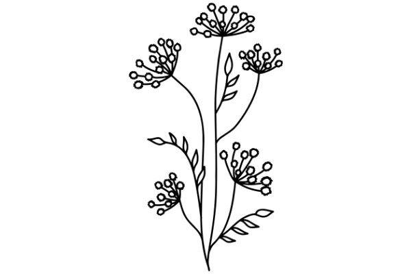 Botanical Illustration: A Stylized Plant with Flowering Branches and Leaves