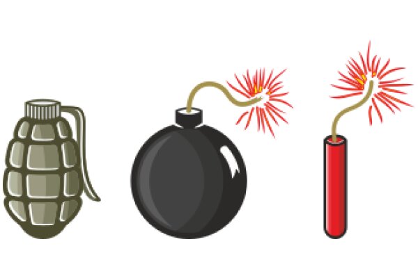 A Collection of Explosive Items: A Bomb, a Grenade, and a Firework