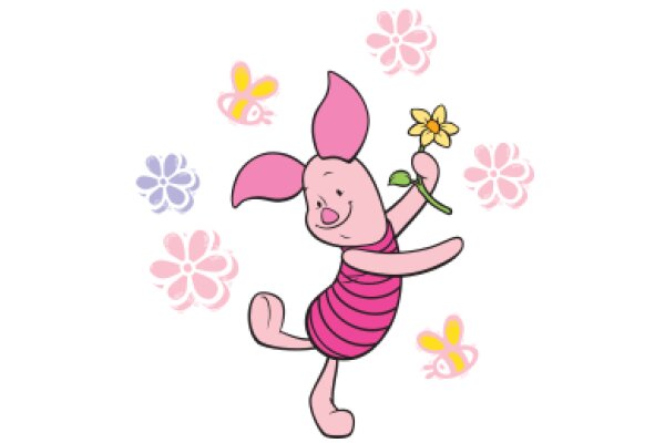 A Pink Bunny with a Flower, Surrounded by Flowers and Butterflies