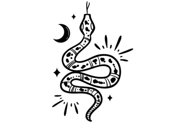 Whimsical Illustration: A Snake with a Moon and Stars in the Background