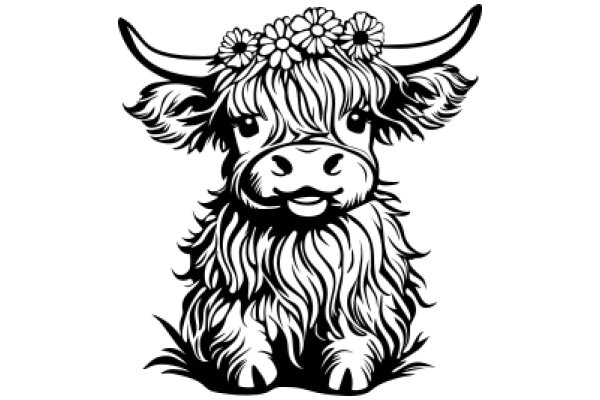 Stylized Illustration of a Highland Cow with Flower Crown and Horns