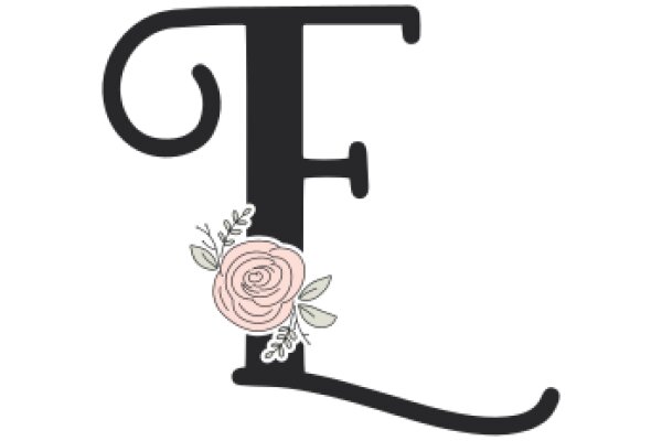 Stylized Letter 'F' with a Pink Rose and Leaves