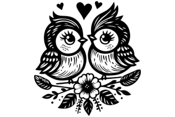 Illustration of Two Birds with Hearts and Flowers