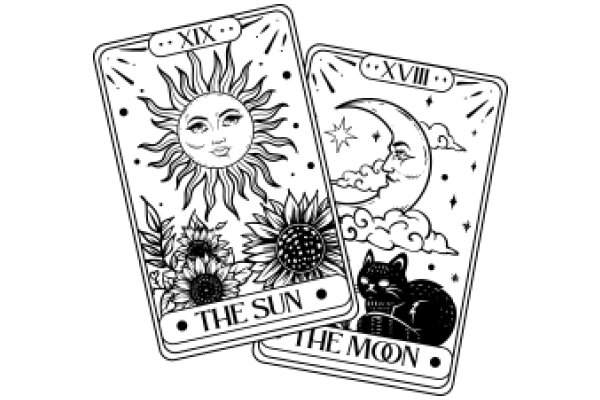 A Pair of Zodiac Tarot Cards: The Sun and The Moon