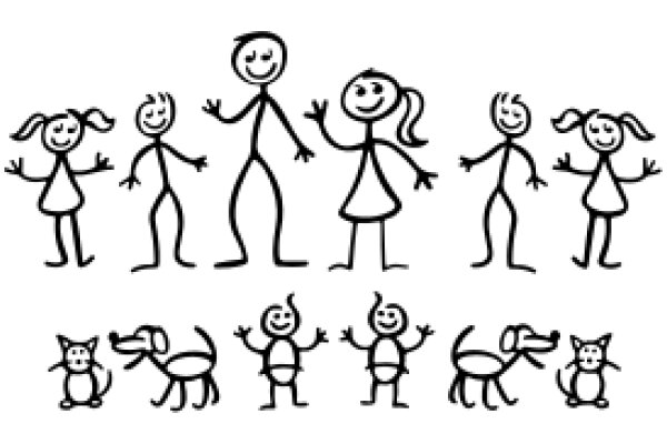 A Family of Stick Figures: A Heartwarming Scene of Human and Animal Companionship