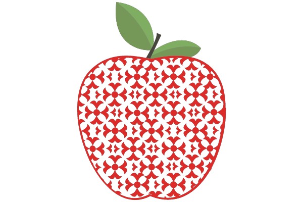 Vibrant Red Apple with a Green Leaf, Illustrated with a Floral Pattern