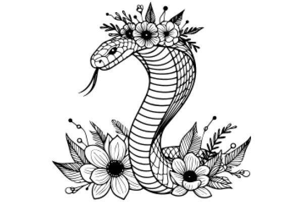 Stylized Snake with Floral Crown and Surrounding Flowers