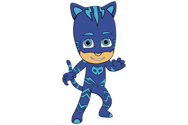 Vibrant Blue Cat-Human Hybrid Character with Electric Stripes and a Smile