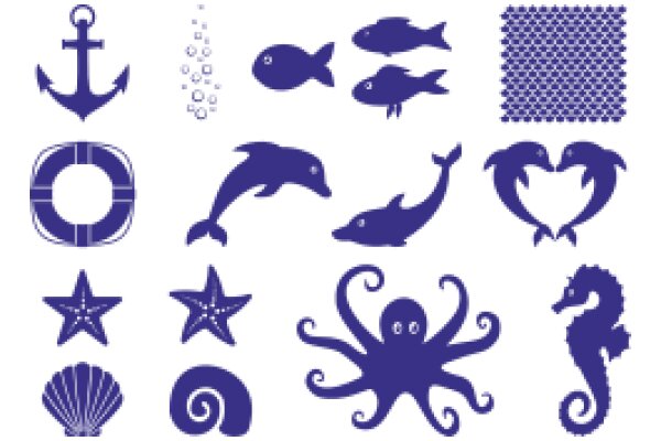 A Collection of Blue Sea Creatures and Symbols