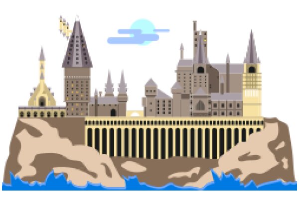 Medieval Townscape: A Stylized Illustration of a Castle and Church on a Rocky Shoreline