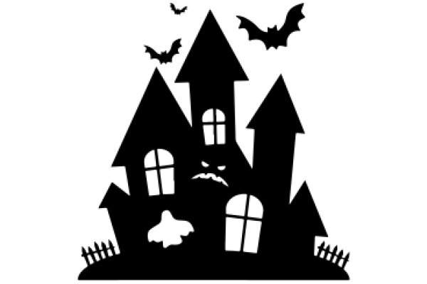 Silhouette of a Haunted House with Flying Bats and a Ghostly Figure