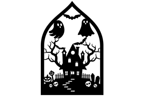 Midnight Halloween Silhouette: A Spooky Scene with Ghosts, Bats, and a Haunted House