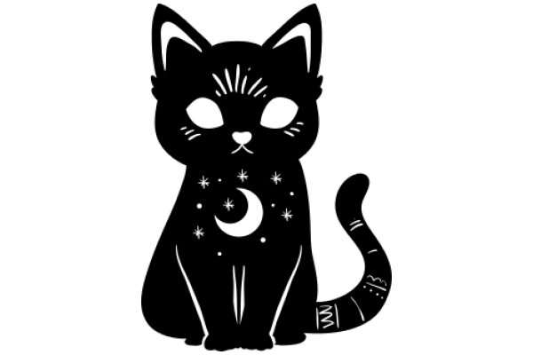 Moonlit Silhouette: A Whimsical Black Cat with Stellar Accents