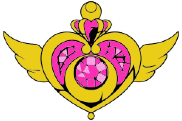 Vividly Illustrated Pink and Yellow Emblem with a Winged Creature and a Diamond