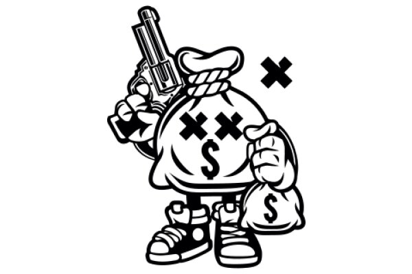 A Playful Illustration of a Cartoon Character Holding a Gun and Money Bags