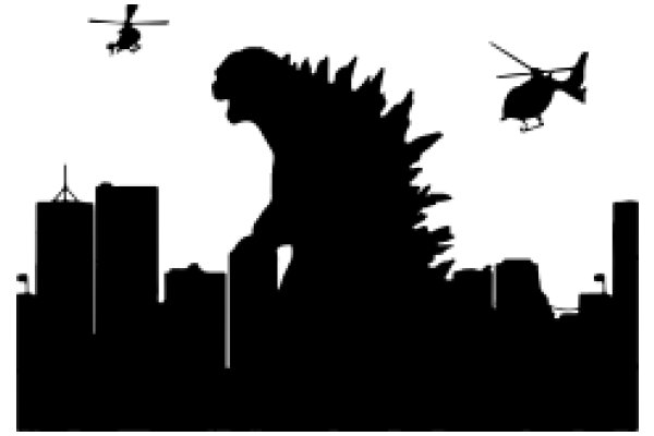 Urban Silhouette: A Cityscape with Godzilla and Helicopters