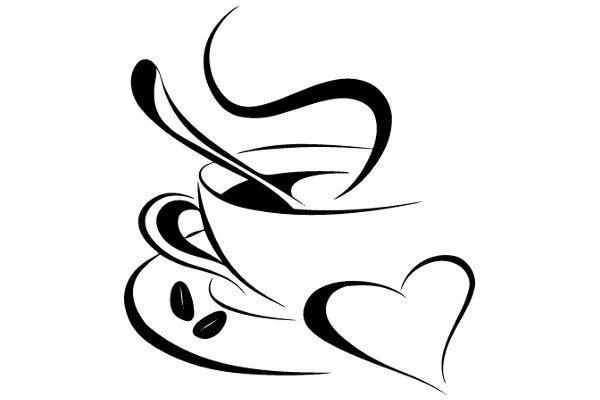 Elegant Illustration of a Coffee Cup and Saucer with a Heart-Shaped Design