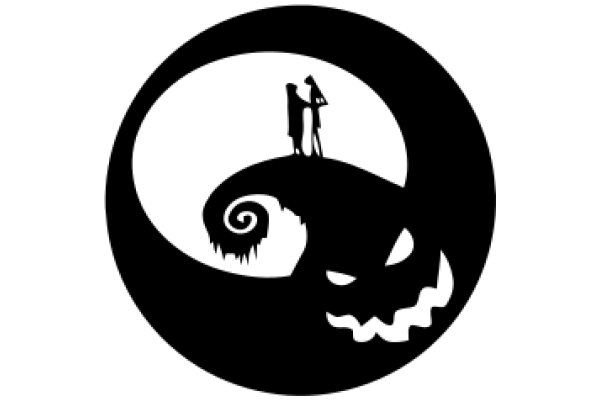 A Silhouette of a Couple on a Swirling Path, with a Halloween-themed Background