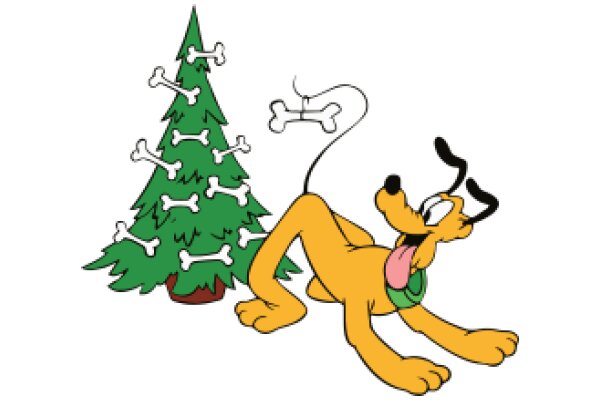 A Playful Christmas Scene with Pluto and a Bone Tree