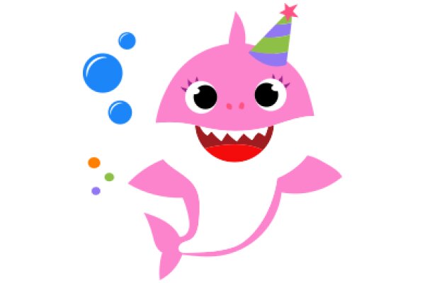 Cute Pink Shark with a Party Hat and Bubbles