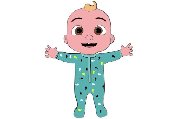 Adorable Cartoon Baby in a Blue Onesie with Yellow Fish Pattern