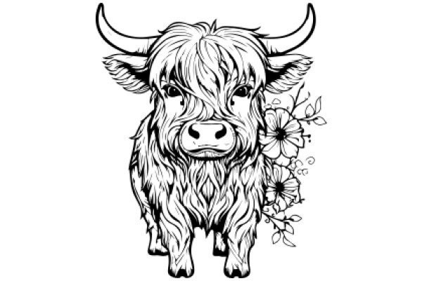 Stylized Illustration of a Long-Haired Bull with a Flowery Border