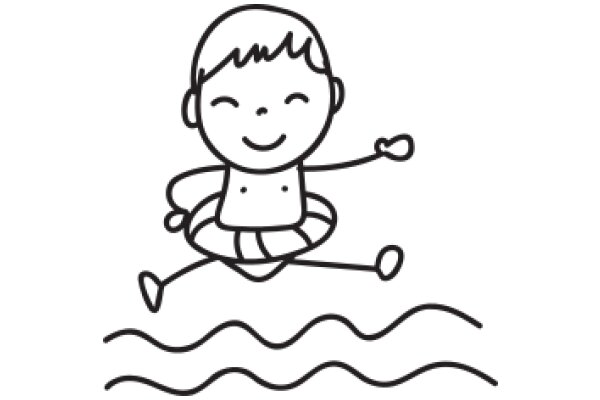 A Playful Cartoon of a Boy in a Swimsuit, Running with a Smile