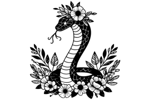 Stylized Illustration of a Snake with Floral Accents