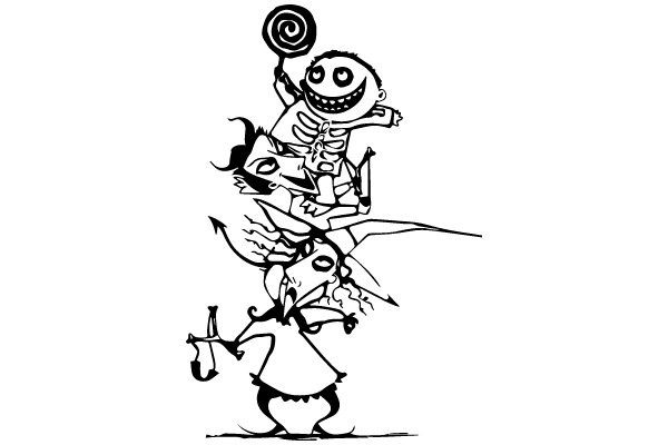 A Playful Scene of a Cartoon Character and a Skeleton