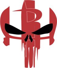 Stylized Red and Black Logo with a Sword-like Design