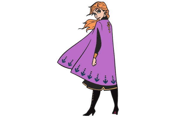 Stylish Superheroine: A Purple Cape with Blue Arrows and Black Boots