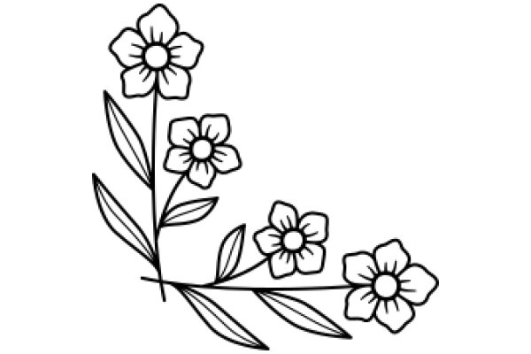 Simplistic Line Drawing of Flowering Plant with Three Flowers and Leaves