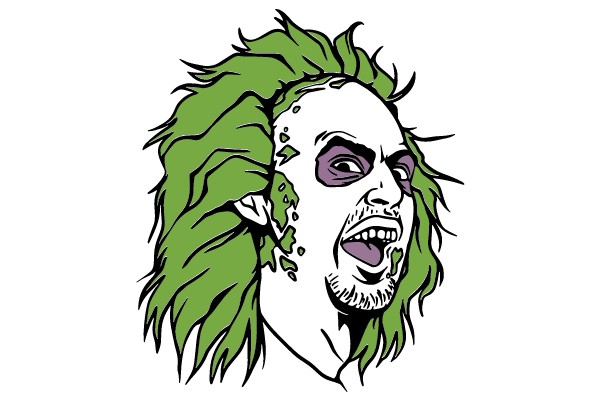 Stylized Portrait of a Man with Green Hair and a Purple Mask