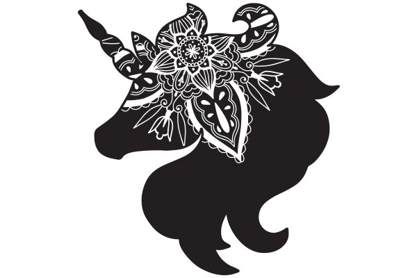 Stylized Black Unicorn with Intricate Patterns and Floral Designs