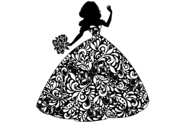 Elegant Silhouette of a Woman in a Floral Dress, Holding a Rose