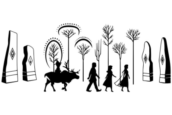 A Silhouette of a Peaceful Scene: People, Trees, and Animals in a Line