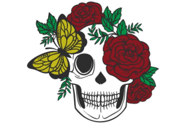 Stylized Skull with Floral Decorations and Butterflies