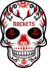 Stylized Skull with Red and Black Designs, Featuring the Word 'ROCKETS'