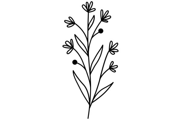 Line Drawing of a Flower Stem with Leaves and Flowers