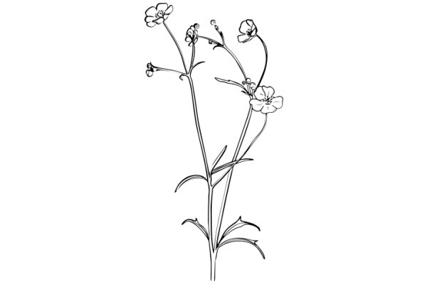 Line Drawing of a Flowering Plant with Five Flowers